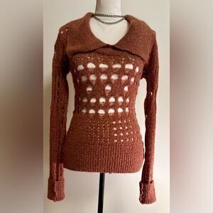 BKE Brown Spider Web Knit Distressed Sweater Sz Large